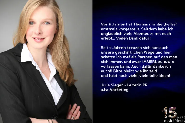 Feierliche Gratulation zum 15-jährigen Jubiläum von music4friends und Wegbegleitern.
